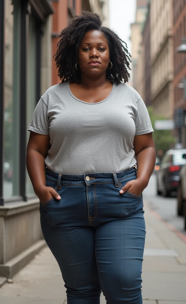 a woman with a cell phone in her hand, this person does not exist, 30 years old, wearing jeans and a long sleeve tshirt, mixed race, african, indian, short chubby body, busty, fat, alana fletcher-miranda meeks-sara ali-gabourey sidibe-raven symone-bobbi kristina brown-danielle brooks-kimora lee simmons-amber riley-nika king-octavia spencer-tamala jones-amandla stenberg-laurie hernandez-vanessa minnillo merged, entire body visible, full body, hyperrealistic, best quality, 8K, real human skin, masterpiece, extremely intricate, medium closeup, detailed eyes, detailed face, detailed body, exaggerated features, pronounced features