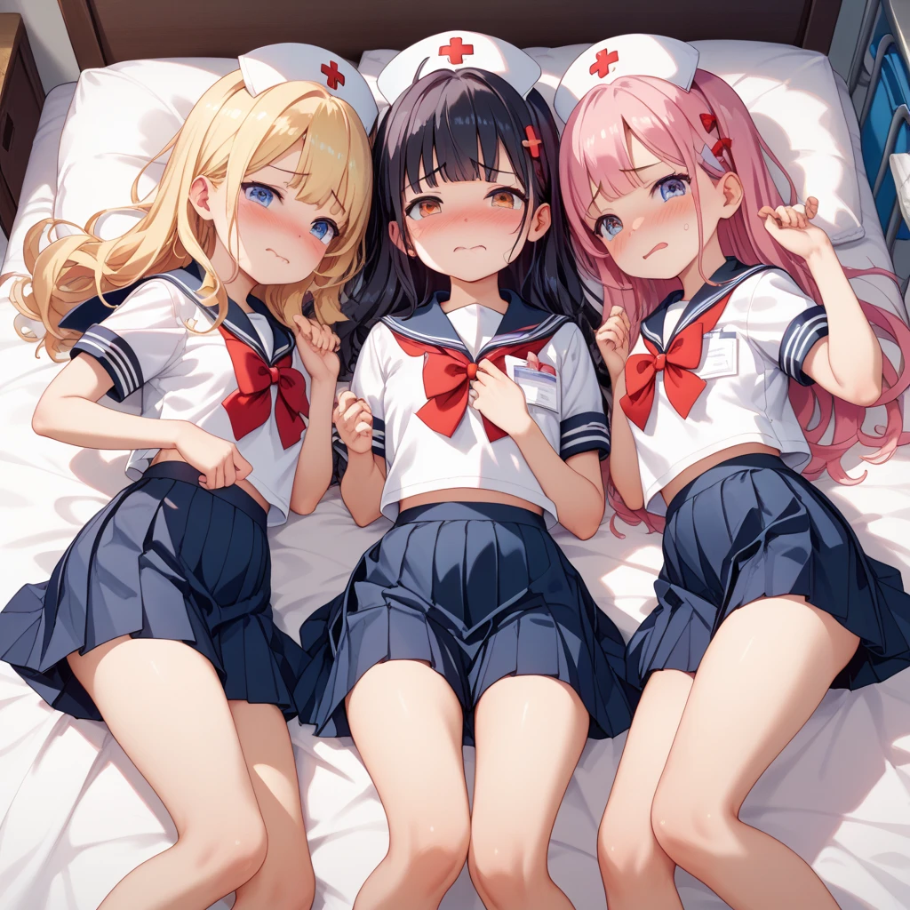 multiple girls, 3 girls, laying on person, closed eyes, school swimsuit, sailor collar, clone girls, high socks, loafer, holding gun, corpse, injury, dirty, bleed, torn clothes, aligned in a row, lying flat