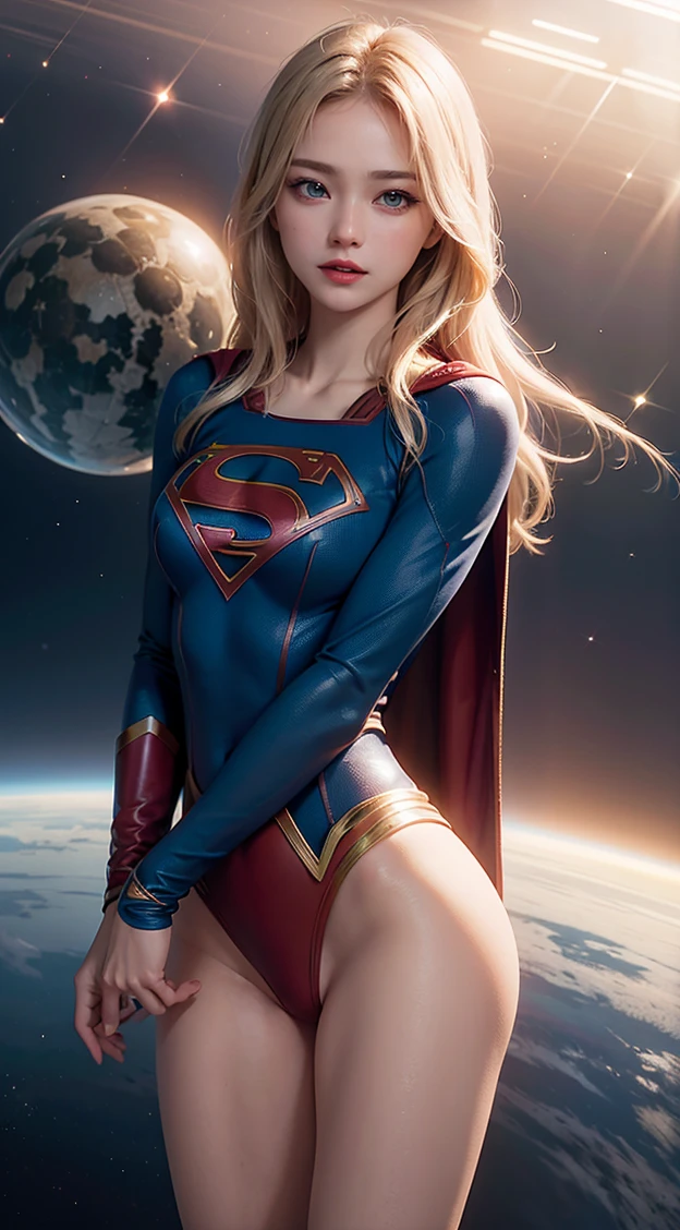The actress Sidney Sweeney as the character Supergirl, extremely beautiful blue eyes, beautiful blond hair, incredible beautiful buttock, smooth curves, perfect smile, red cape, space monsters in the background 