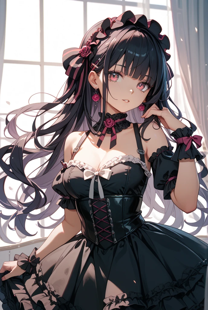 Kurumi, 1girl, antique firearm, black flower, black gloves, black hair, black legwear, black rose, bow, building, dress, dusk,evening, eyepatch, fire, flower, frills, gloves, gothic, gun, hair flower, hair ornament, handgun, holding, holding gun, holding weapon, fashion, long hair, looking at viewer, m1911, orange sky, outdoors, pantyhose, pistol, red eyes, red flower, red rose, red sky, revolver, rose, sky, smile, solo, sunset, tokisaki kurumi, twilight, weapon, white rose, wind