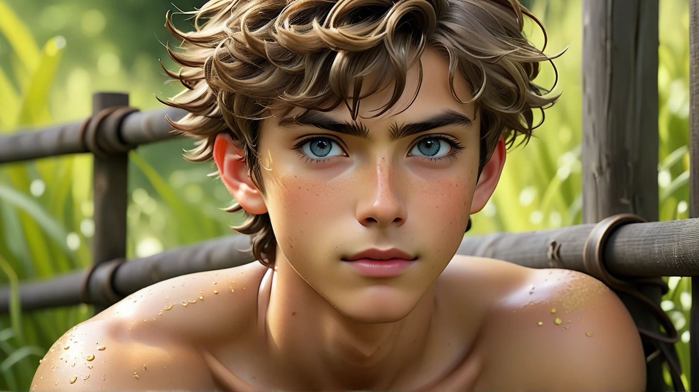 RAW photo, photography, photorealistic, Bold RAW photo, skinny teenage boy ((sexy twink)), 17 years old, looking down, naked torso, low camera angle, bottom view, bottom view, hands on either side of the photographer, award-winning POV, intricate, detailed, stunning, fine details, very detailed face, sensual, evocative, extremely detailed eyes and face, piercing look, muscular body, perfect center, nikon d850 film, lens, porter 400 1.6, rich colors, ultra-realistic texture, spectacular, bright, popular at art stations: zinc up to 800 (face transparency: 1.5), anatomical masterpiece, light from the window, model style (extremely detailed CG Unity 8k wallpaper), trending on ArtStation, trending on CGSociety, Intricate, high detail, clear focus,