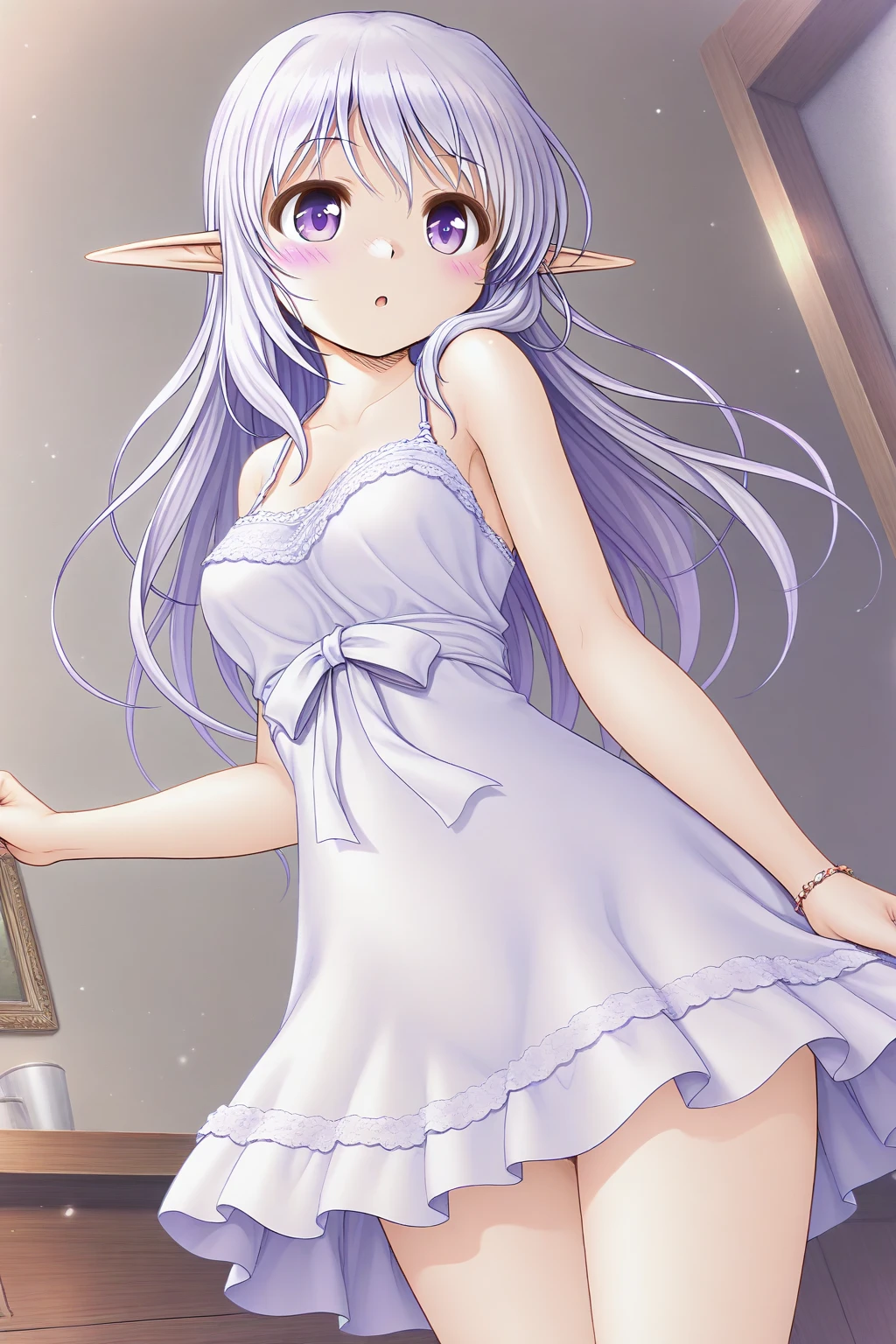 mejor calidad, highres, ultra detailed, Emilia, drunk, nightgown_outfit, grey_hair, upper_body, lower_body, very_long_hair, medium_breasts, leaning_forward, bent_over, dowblouse, purple_nightgown, anime, blush, 1girl, milf, elf, bedroom, posing_dogstyle,