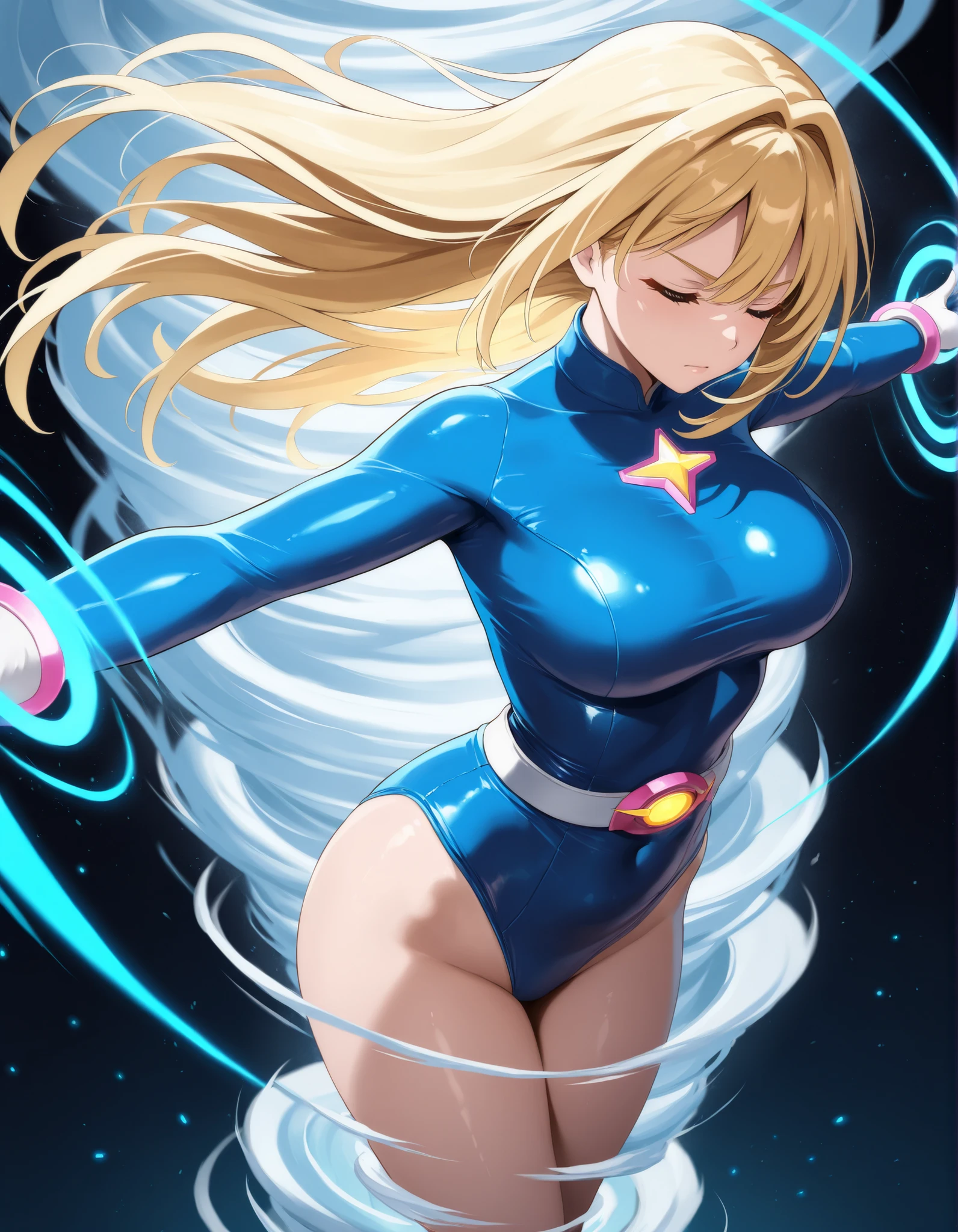 1girl, tall body, light blonde hair, aquamarine eyes, boots, breasts, bracelets, hair ornament, (shoulder-length hair, ponytail, bangs), full body with costume, (leotard, perfect leotard, gymnast outfit leotard, white leotard with blue accents, bare legs), hi-tech shoulder pads, (white boots), medium breasts, perfect hands, complete fingers, perfect anatomy, perfect proportions, solo, solo focus, superhero, ((blue lightning logo on chest)), beautiful detailed eyes, beautiful detailed face, age 18, asuka suit. crossed arms. she spins at an incredible speed, creating a whirlwind of air around her, she spins at super speed, spiral lines and tornado winds round her.