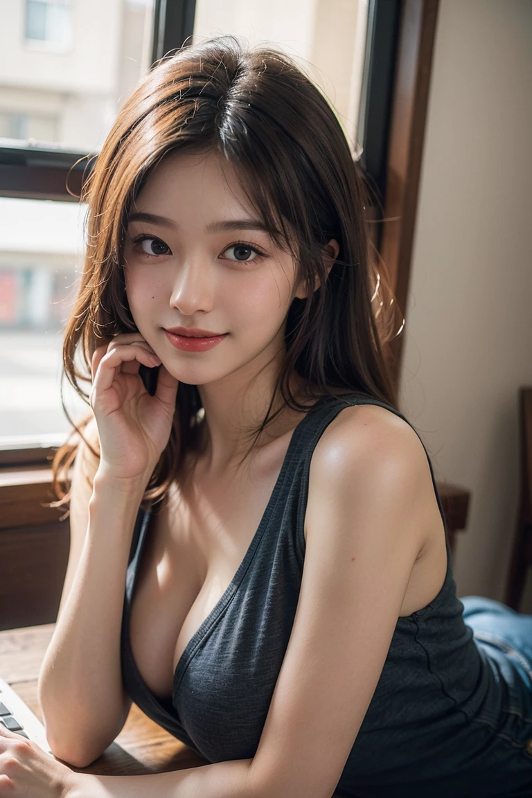 ((highest quality)), ((Tabletop)), (detailed), Perfect Face、12-year-old girl、camisole、The lender's organization is very short、he is short、Laughter、city(Tokyo cityscape)
