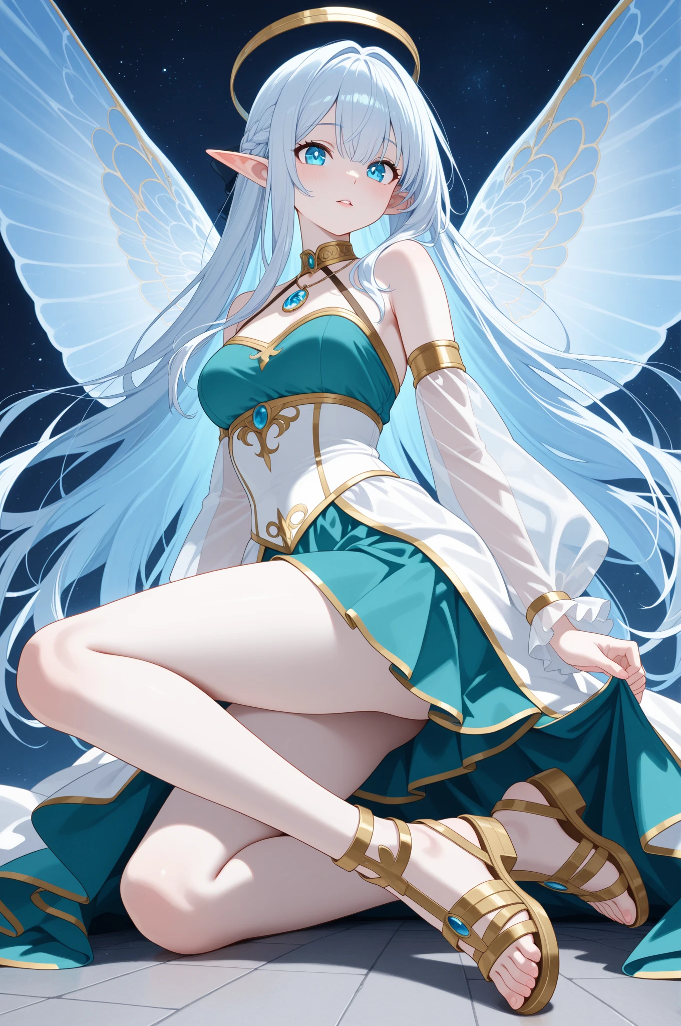 light princess, sit, sexy pose, transparencies, long hair, blessed, feathers falling