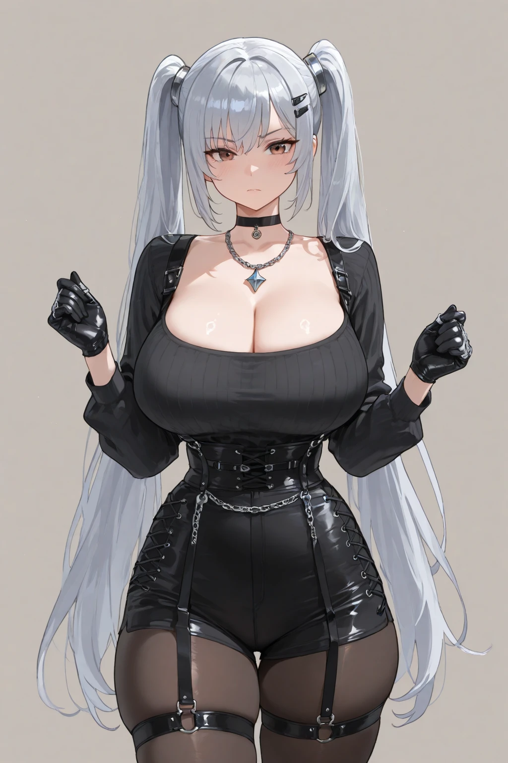 ((Mujer madura)), alta, canas cortas, Ojos azul claro, piel clara, ((pechos grandes)), ((trasero grande)), ((muslos gruesos)), vestido gris sin mangas con escote, pendientes azules, chaqueta corta gris, black heels, SFW, ((sitting in chair)) , piernas cruzada