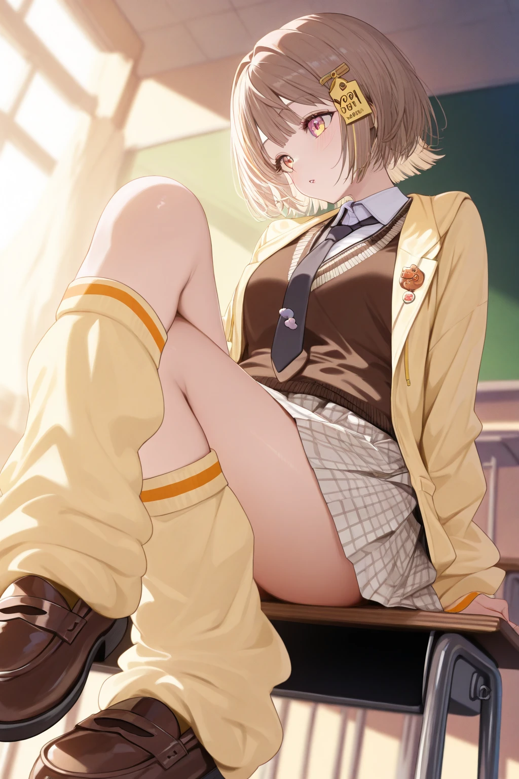 highest quality、masterpiece、1 girl、((Ahoge))、(blush:1.5)、(smile:1.5)、((fun!!))、cute、()、、high school girl、((classroom:1.5))、()、、Kamimei、look at me、(No panties:1.3)、((shaved pussy:1.5)), ((red bow tie, , black jacket, open jacket, white cardigan, white shirt, black skirt, plaid skirt、black socks))、 (No panties:1.3)、((shaved pussy:1.5))、(highly detailed closed labia:1.5)、((pee is coming out:1.8))、peeing、