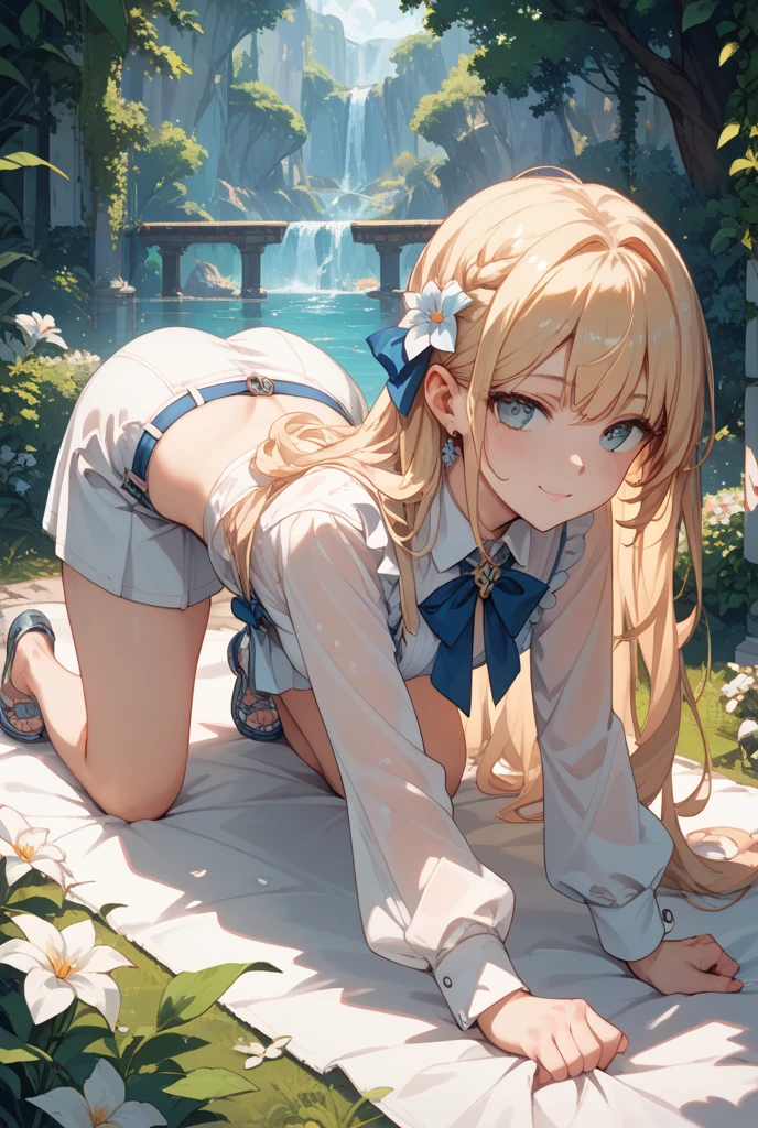 ((Highest quality、High resolution))、Beautiful woman、Perfect body、Beautiful and bountiful breasts、tits、Ass、long blond、bangs、Blue and white、Embellished blue sexy dress、skirt、(((ass pov、Showing panties)))、Outdoor Scenery、((Embarrassed、Covered in semen))