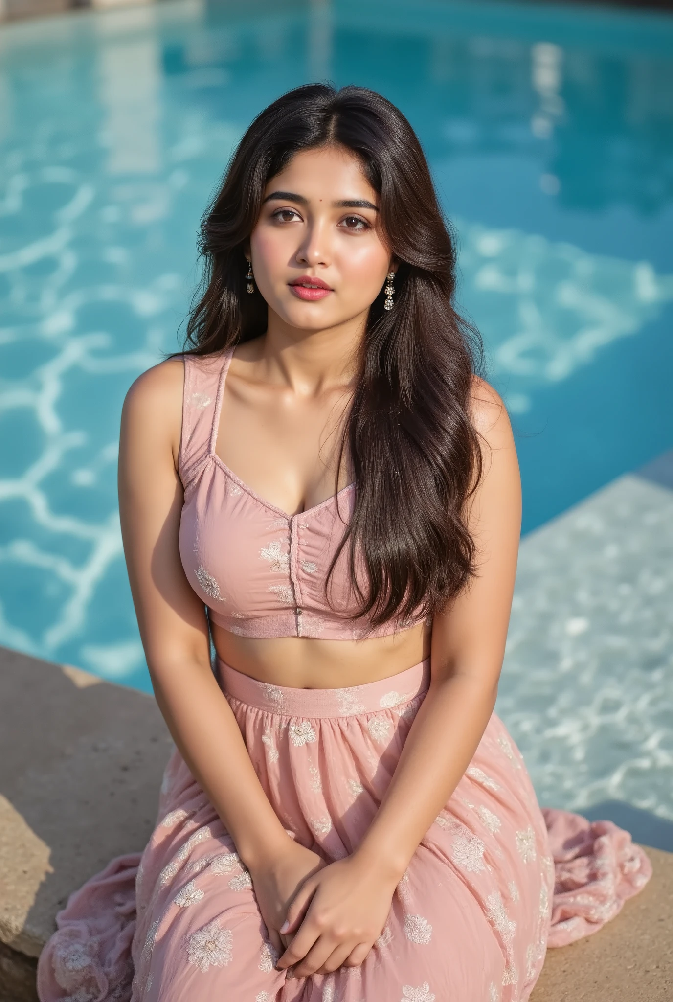 "A serene and beautiful Indian woman sitting in a swimming pool, wearing a soft pink embroidered kurti. She looks calm and thoughtful, gazing slightly upward with natural makeup and delicate stud earrings. The sunlight reflects off the clear blue water, creating a dreamy, peaceful atmosphere. Her wet dress flows gently in the water, and the overall scene has a soft, cinematic and tranquil feel."