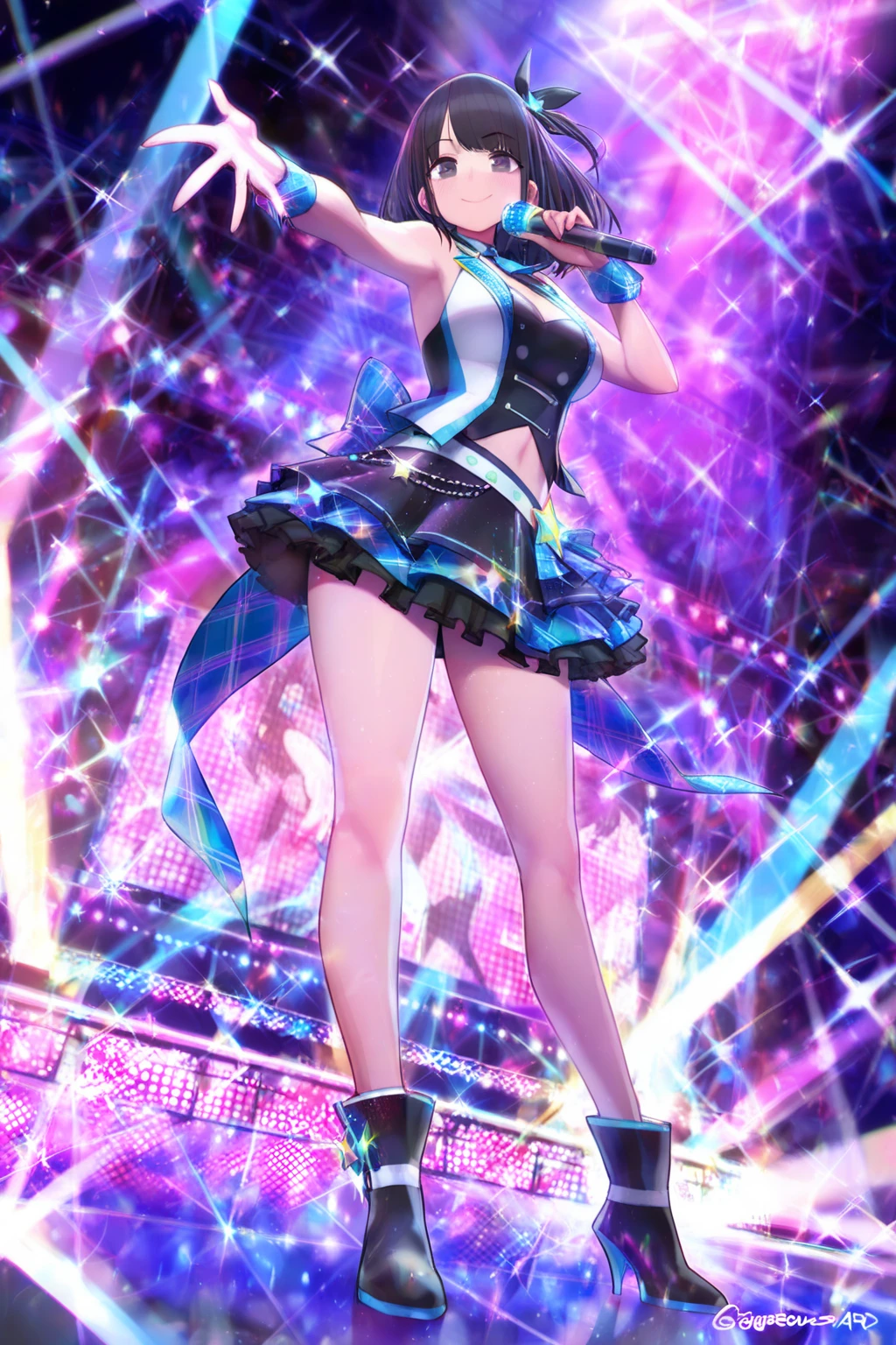 Illustration, cinematic light, high resolution, best quality, ultra detailed, detailed face, (detailed eyes), highest quality, super detailed, masterpiece, (detailed face), pretty face, best smile, sexy mature woman transparent (cute t-shirt) cloth, floating cloth, see-through, choker, , D cup, cleavage: 2, NSFW, high heels, blue eyes, neon small shiny hair edges, ruffled mini skirt, AI fantasy concert, glowing lighting with neon details, holding a microphone in left hand and singing: 15, black magic 💕, (live stage: 1.15) in the background audience, butt sticking out and singing, light reflection, heart-shaped iris, playful eyes, open shoulders, rain, (wet body), small glowing butterfly, hair jewelry, panties, (cute embroidered white string panties)