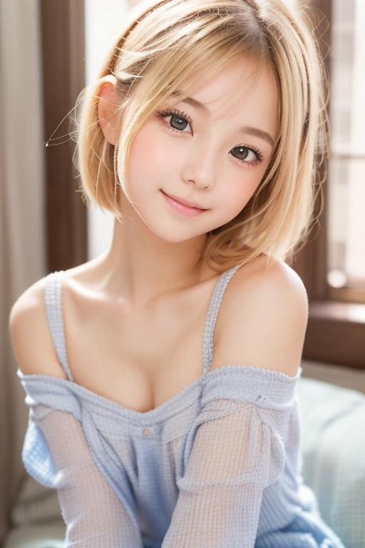 (Best Quality,4K,8K,hight resolution,masutepiece:1.2),Ultra-detailed,(Realistic,Photorealistic,Photorealsitic:1.37), short blonde hair,piercings、a necklace、 10 years old female child,Young features、Small face、Light blue eyes、Ultra-thin body、Attractive eyes、Super super small breasts、 Shy and cute face, Beautiful smile,Cute smile like a 10-year-old child、no-makeup、Please be drawn with a 10-year-old girl.、Short Tank Top、Ultra mini skirt、
