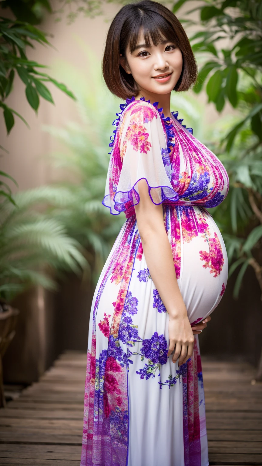 Pregnant woman with big belly in flower dress standing in front of the plant Illustrated by Nazmi Ziya Güran, closed, hyperrealism, pregnant belly, pregnant, pregnant, maternity