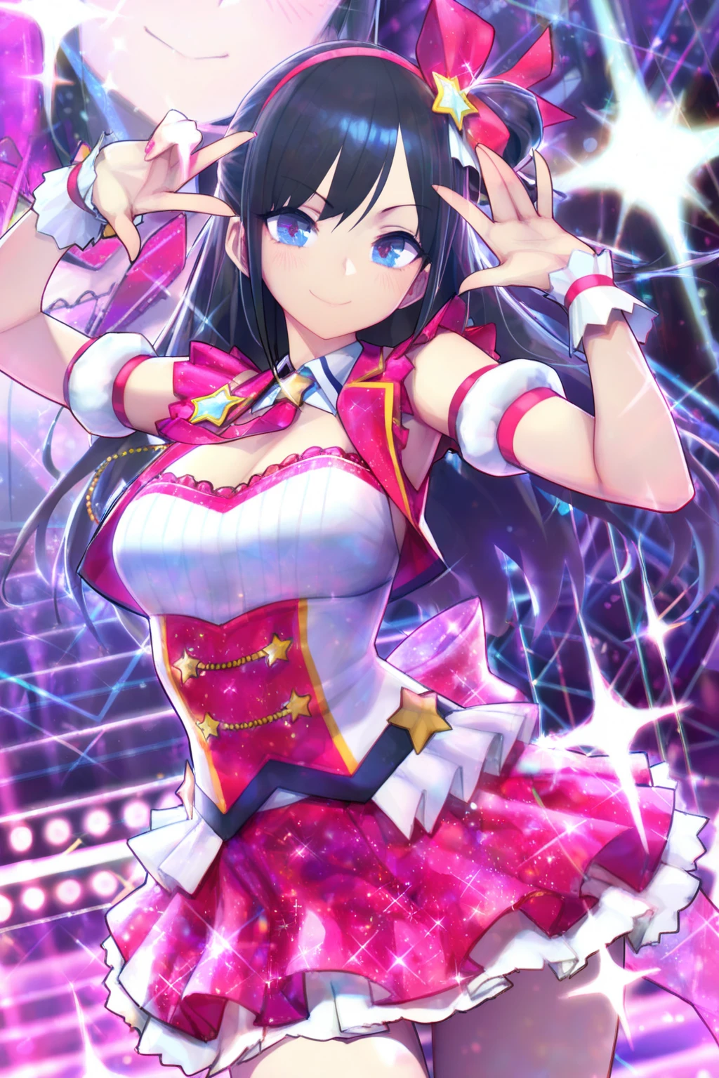 (masterpiece, best qualiy), illustration, <lora:rikolovelivev5:1>, sakurauchi riko, 1girl, long hair, yellow eyes, half updo, hairclip, smile, looking at viewer, sakurauchi riko (cheerleader), cheerleader, clothes writing, pink crop top, white hairband, headphones, pink miniskirt, pom pom (cheerleading), star print, white thighhighs, white bow, blue gloves, fingerless gloves, microphone, confetti, smile, ;d, looking at viewer, from above, night, simple background, open mouth