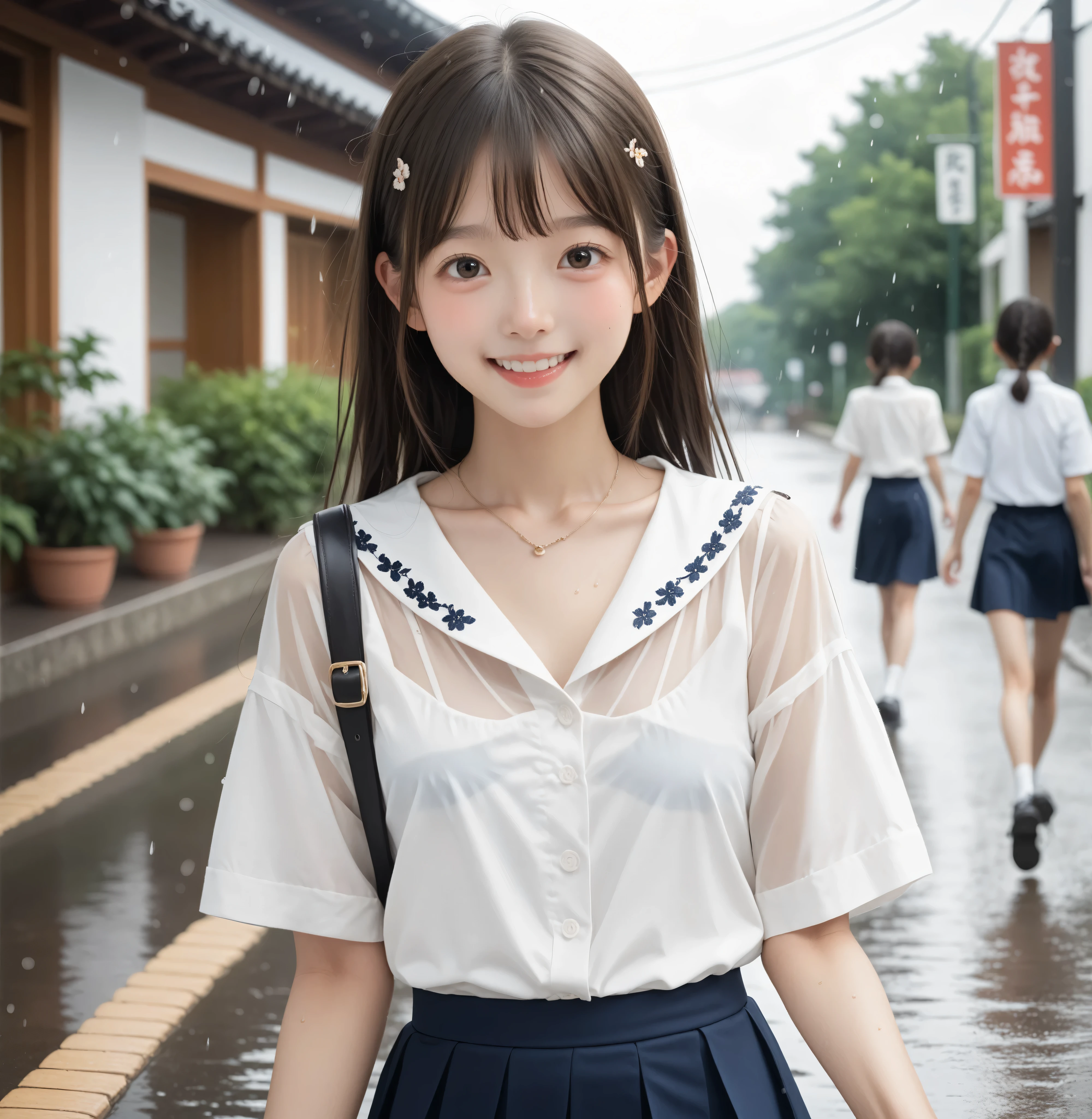 ((Attention to detail)),(Super detailed), 非常に詳細な CG ユニティ 8K 壁紙, beautiful girl,((Two people)), Highest quality, 8K, (((11 years old)))、girl、Long straight hair、Summer outfit、((Happy smile))、Bust Shot、（sea）、