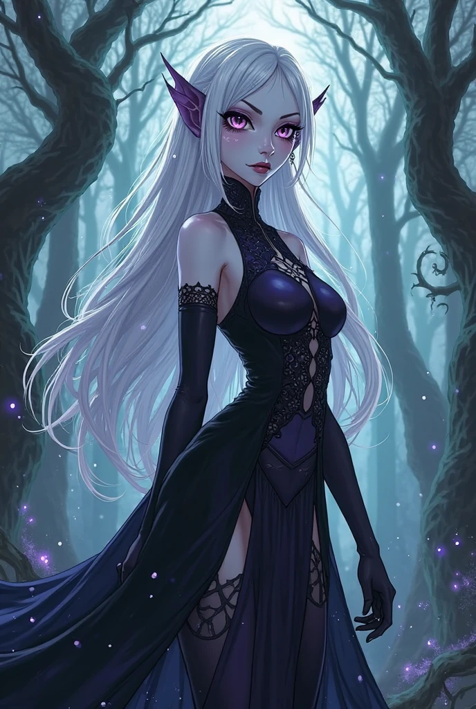 A beautiful drow girl, detailed face, large breasts, black skin, detailed white hair, wearing sexy purple dress, purple eyes, highly detailed, 8k, photorealistic, masterpiece, cinematic lighting, fantasy art, hands on hips, upskirt view.