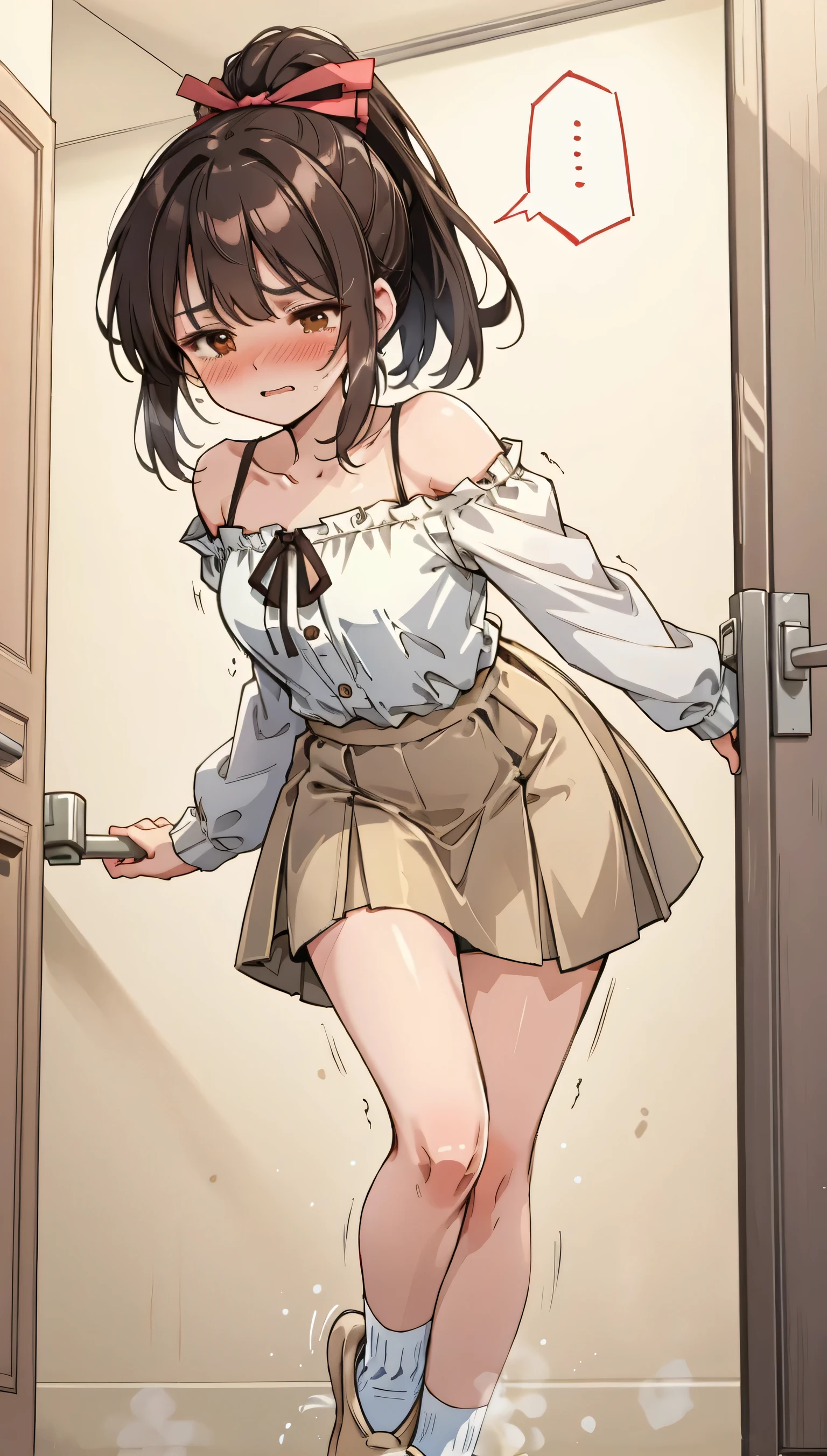 (((((Dildo on the floor:1.5, standing, spread legs:1.5, Point your knees outwards:1.5 ) behind head,spread legs, Push your hips forward,pussy juice , Voluptuous body, Slut、No pants, (Dildo on the floor, standing, spread,arms behind head, Point your knees outwards:1.5, Sweat,)))), Realistic composition, Doujinshi scene,, Big Thighs, Pleated skirt, White Shirt, Angry face, blush, from below