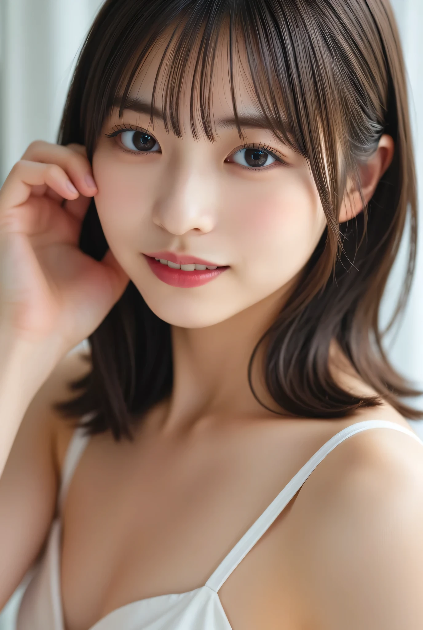 masterpiece, highest quality, 8k, 20th generation, Big Breasts, cute, alone, sad, cute, Girlish, Delicate girl, Pure beauty, RAW Photos, Professional photography, Portraiture, Soft Light, Professional Lighting, Backlight, Upper Body, avert your eyes, Sophisticated, Film Grain, (Eye and facial details:1.0), floating short hair, beautiful, Flowing Hair, bangs, Loose Camisole、(Big Breasts:1.2)、A little bit of cleavage is visible、dolly make、Heterochromia iridis