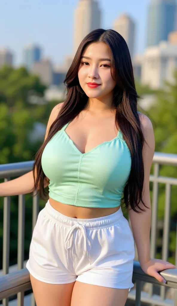 (1girl), sexy woman, slim body, smile, eyeliner, flat stomach, light skin, (Indonesian girl), long black hair, ((big breast)), ((big ass)), perfect face, (masterpiece), high quality, realistic, symmetrical, facial details, color grading, dynamic, lighting, seductive pose, 4K,