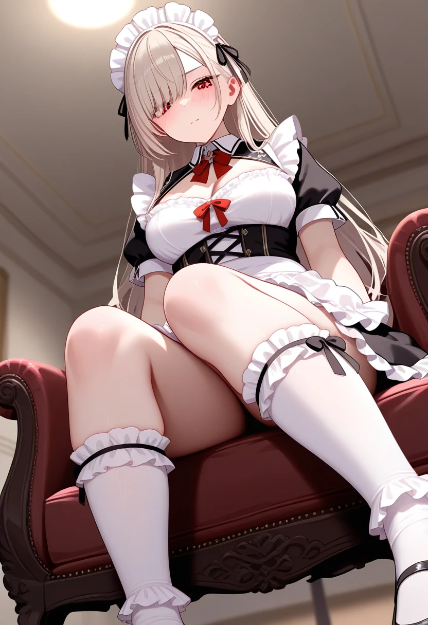 masterpiece, best quality, ultra-detailed, illustration, warm lighting, bright colors, 1girl, solo, hilde, ahoge, white hair, small breasts, yellow eyes, orange eyes, very long hair,
apron, black_bow, black_bowtie, white_dress, blinds, book, bow, bowtie, cleavage, cleavage_cutout, closed_mouth, clothing_cutout, cup, dress, frilled_dress, frills, full_body, garter_straps, hair_twirling, hand_on_own_thigh, hand_up, indoors, lamp, legs, legs_up, long_hair, looking_at_viewer, maid, maid_apron, no_shoes, panties, puffy_short_sleeves, puffy_sleeves, short_sleeves, sitting, solo, stirrup_legwear, thighhighs, thighs, underwear, white_apron, white_garter_straps, white_panties, white_thighhighs, feet out of frame,
embarrassed, blush,
<lora:hilde:0.65>