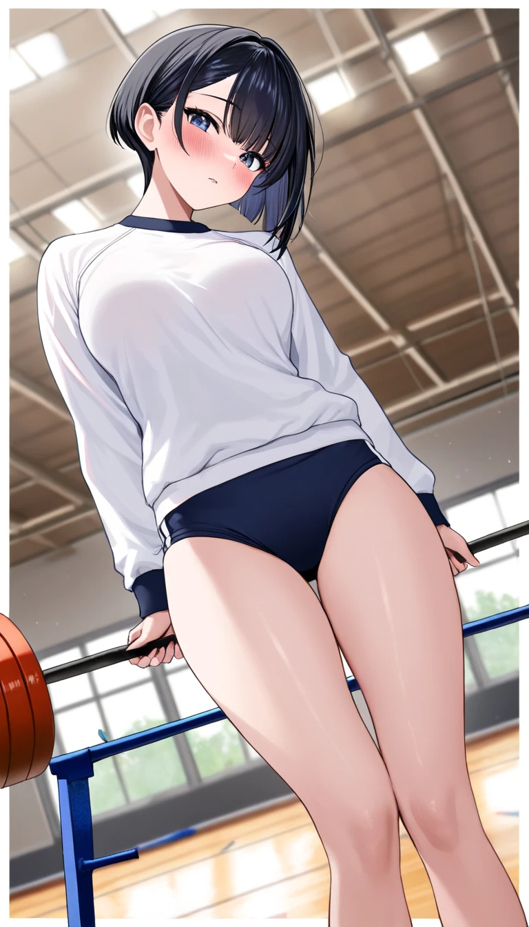 1 girl,Androgynous,two side up,big breast,black hair,red eyes,medium hair,sidelocks,Multicolored eyes,school,Gym Uniformgym shirt, (knees up),(crotch),(tight skin),straight-on,(legs),(feet up),masterpiece, best quality, very aesthetic, absurdres,(arms up)