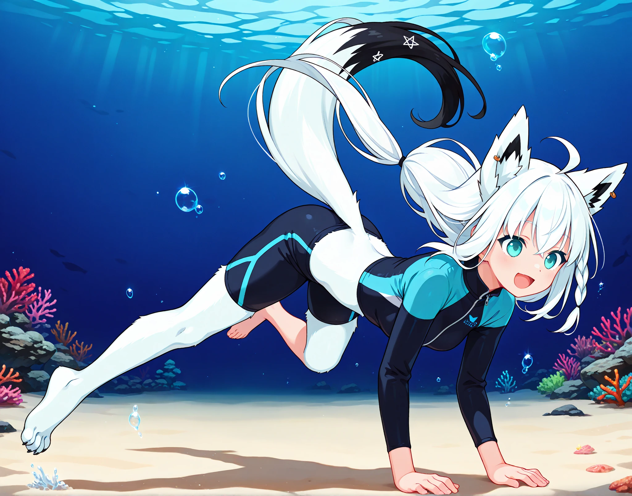 Shark girl, anthro, cute hair, long ponytail, two tone hair, blonde hair, pink hair, blue eyes, medium breasts, detailed body, furry ears, shark nose, ((blue jacket, open clothes, black micro bikini)), masterpiece, looking at you, two tone body skin, gray body skin, clear gray body skin, detailed face, detailed eyes, detailed body, perfect lighting, perfect shadows, perfect eyes, perfect hair, perfect face, gorgeous body, ocean, underwater, swiming, detailed hands, glistering body, shiny body, skinny, spectacular effect, goggles, fangs, :3, full body, feets whit three toes, bubbles, under sea, dynamic angle, solo, action pose,