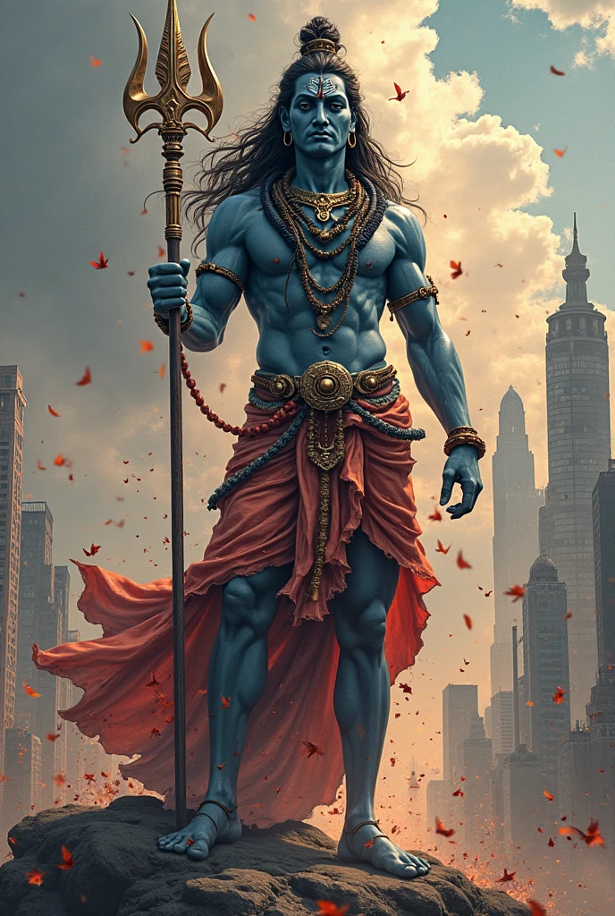 generate a indian god shiv ji  stand a new city delhi (( vibrant color)),  ((high quality image))