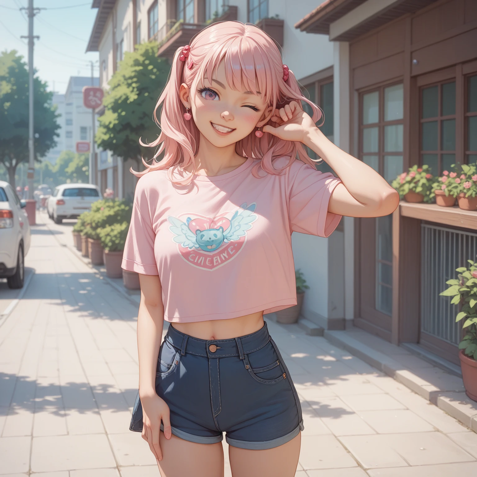 having a balloon , full body, real photo, 14 years old girl, twin tails, looking down at me, hot pants,