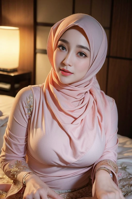 1 lady, 20 years old, best body,  wearing peach hijab, hijab covers whole hair, wearing pink shirt, very tight shirt, warm lighting , sitting in train, leaning back, eyes fully closed, head resting on window, casual wear, close shot, shiny skin, big breast (huge breast 1.6), shot from front