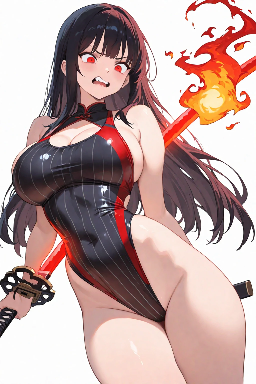 Full body vista，Dressed in fiery red tight shorts，Fire-red bandeau vest，Crop topping，There is a gap between the thighs，The chest is large，Big breasts Thin waist，Stand in the wild，Slender legs enjoy the scenery