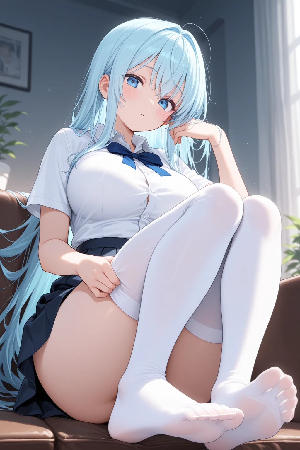 Blue hair, Girly, A half body, Thighs, Shy, Cat ears, White stockings white background feet JK uniform