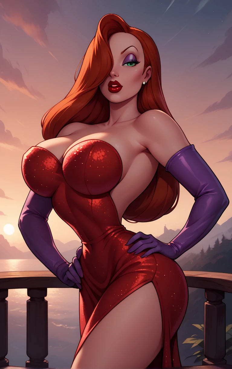 Jessica Rabbit with big  in a red dress, high-cut, long purple elbow length gloves