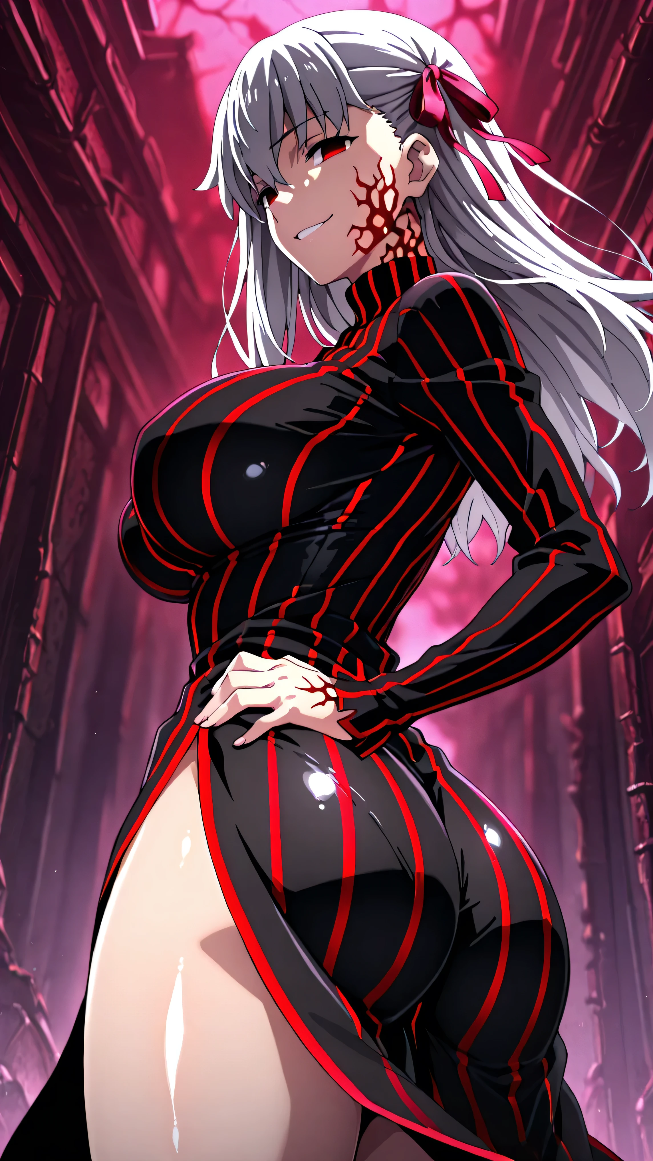1girl solo, bare legs, pelvic curtain, long sleeves, spread legs, arms behind back, simple background, big tits, fat ass, sexy dress, sperm on her fat ass, almost naked, see through latex clothes