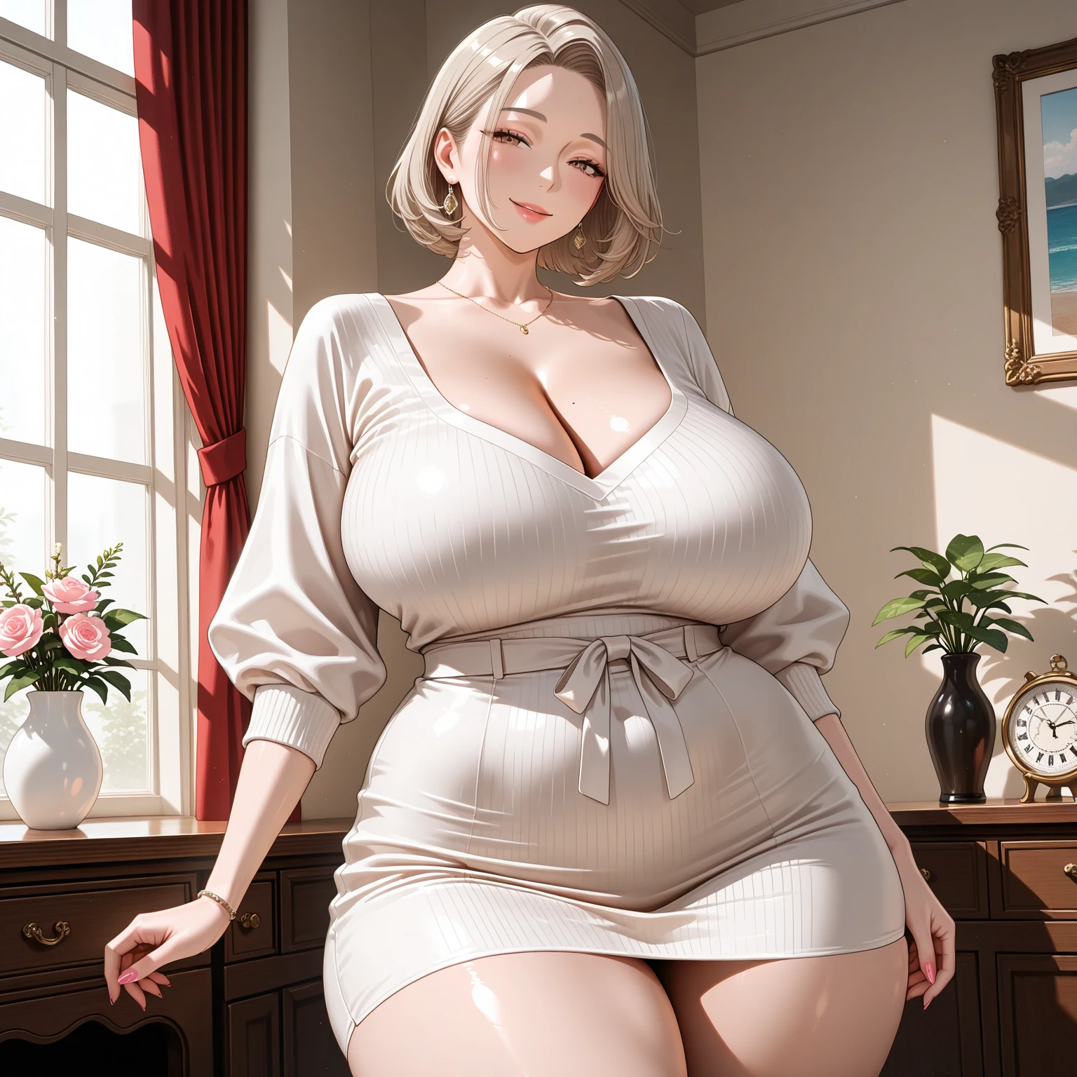 masterpiece, best quality, photorealistic, solo, (detailed eyes:0.9), nurse, cute beautiful face, plump face, young, very chubby, curvy, chubby belly, fat rolls, belly rolls, tight white dress, love handles, sexy, muffin top, blonde short hair, curvy hair, thunder thighs, got fat, fatty