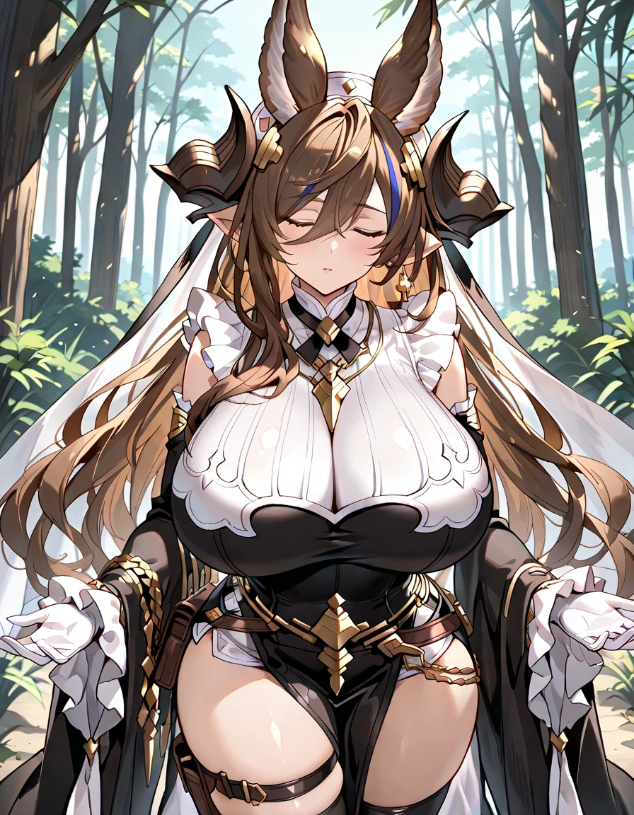 Leather bikini, horn crown, bare belly, big breasts, brown hair, red eyes, hunter, cat eyes