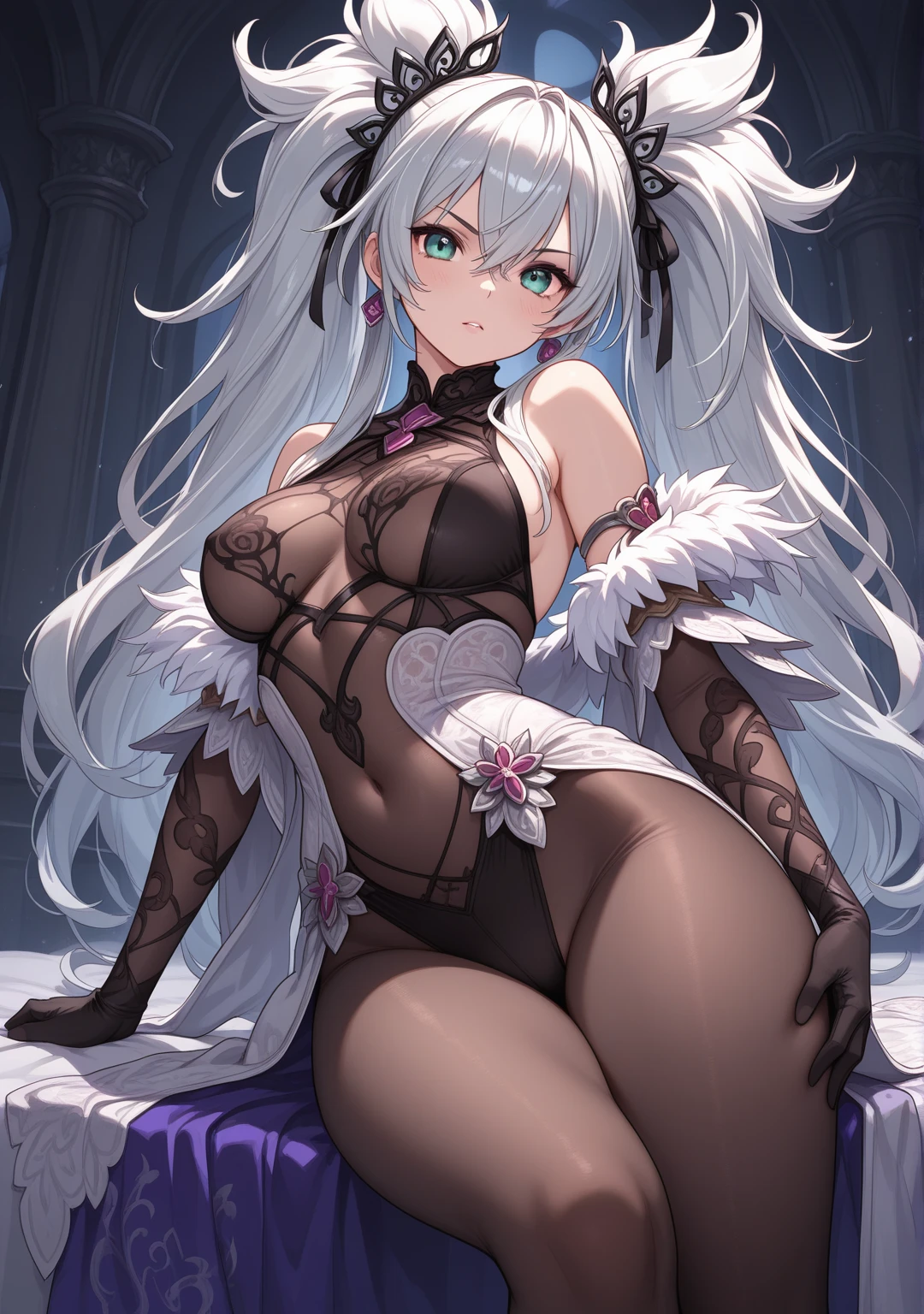 ((highest quality)),(ultra high resolution),(Super detailed),(detailed description),((best CG)),(best work of art),super precision art,great drawing art,(Art with precise details:1.5), (1 woman:1.8),(beautiful and well-shaped face:1.5),Eyes that hide sadness:1.5,clear makeup:1.6,(Detailed and detailed depiction々flower:1.6),(beautiful:1.6),(Exquisitely detailed lingerie:1.4),(Provocative sexy poses:1.7)