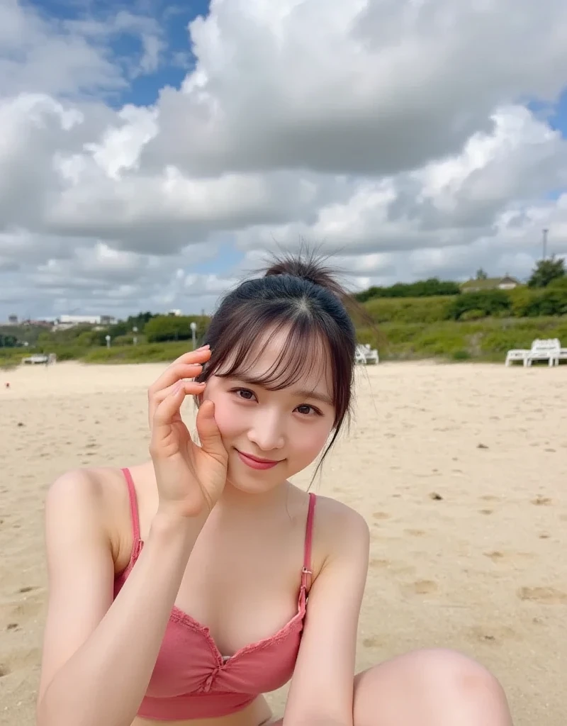 (((Best image quality、Highest quality、At 32K、Ticker、RAW Photos、Extremely clear images、Extremely clear images quality、Realistic、backward 1.4)))、High-resolution RAW color photos, Professional photos,(Realistic, photo Realistic:1.2),  1 Girl, 21 years old, masterpiece,Realistic,smile, natural smile, charming smile, enchanting smile, (Ocean、Sandy Beach), (Cleavage,:1.2), beautiful, very pretty, Cute as a doll, Japanese women, Idol, round and large eyes, Small nostrils, light makeup、Big round eyes, The depth of the written world,Top and bottom pink bikini、My hair is blowing in the wind、Keep your butt up、Show your ass here、
