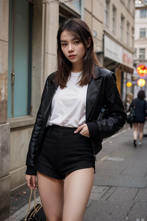 Single, Brunet, Best Quality, Full Body Shot, Big Miss, Smile, Long Hair, Wavy Head, Bustling Street, Fashion Clothing, Summer
