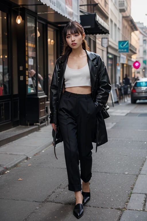 a young woman, street, ponytails, (muted colors:1.2), dramatic, complex background, soaking wet, red lipstick, realistic[:, (film grain, 25mm, f/1.2, dof, bokeh, beautiful symmetrical face, perfect sparkling eyes, well defined pupils, high contrast eyes, ultra detailed skin, skin pores, vellus hair, fabric stitching, fabric texture, wood grain, stone texture, finely detailed features:1):0.9]