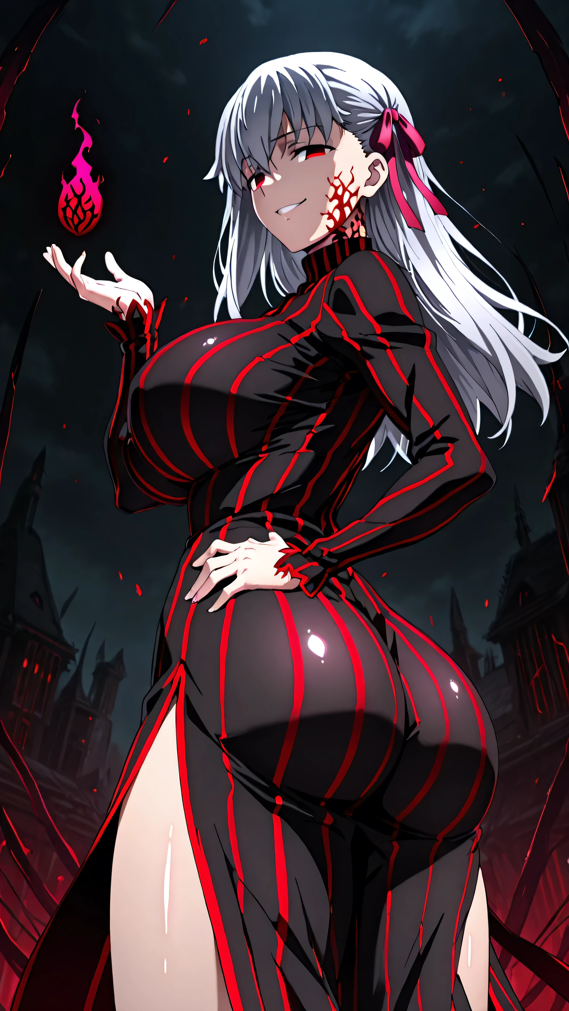 1girl, solo, ,matou sakura , Dark Persona , corruption, striped dress, Black Dress, Turtleneck, gray hair, Red Eyes, , ,ufotable style, ufotable anime.big breasts、big ass、straight long hair,high resolution, masterpiece, necessary, detail, best quality, quality, necessary, details, High details, front view, , standing, evil look, smug smile,one hand on hip, showing the ass, agirl,(shiny skin:1.3),looking at viewer,
