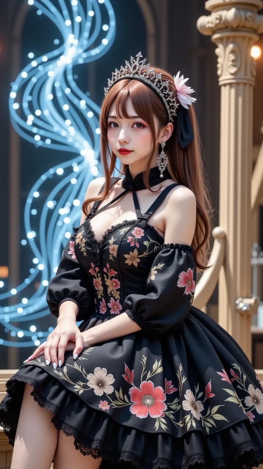 (masterpiece, highest quality, highest quality, Official Art, beautifully、aesthetic:1.2), (1 girl), Very detailed,(Fractal Art:1.3),colorful,Most detailed, Background with fractals and various floral and greenery details