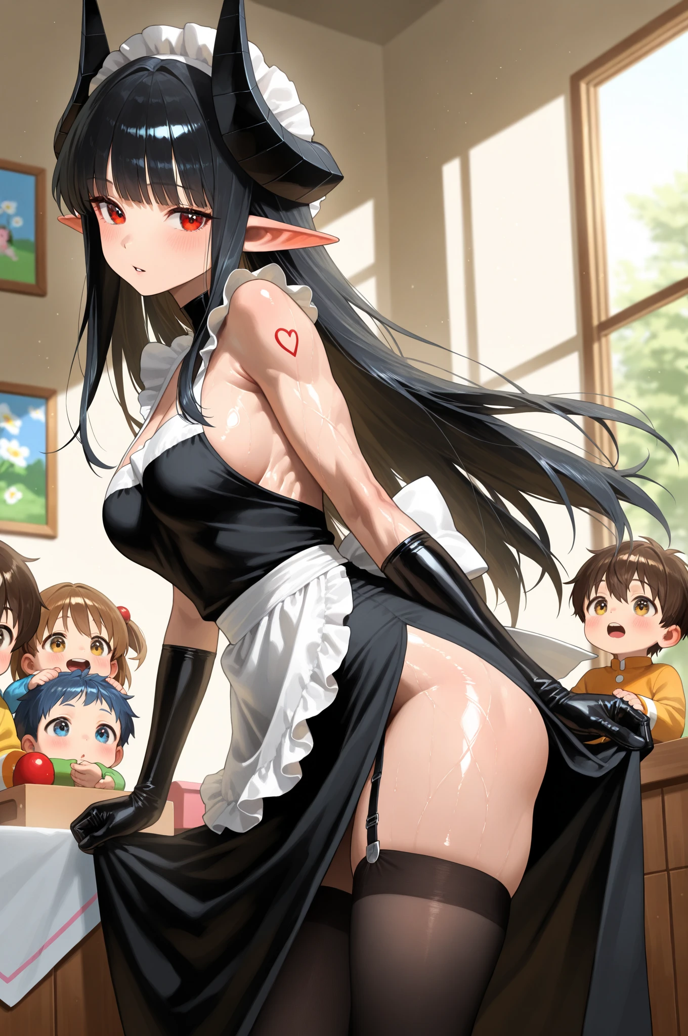 Back alley, Sister uniform, Elf girl, Squatting, Nipple piercing, Garter belt, Pee　Feels good　Convulsions Embarrassing Wet Crotch、Love juice、Sexy、Several children with shaky legs(Peeking at the Elf from the shadows)
