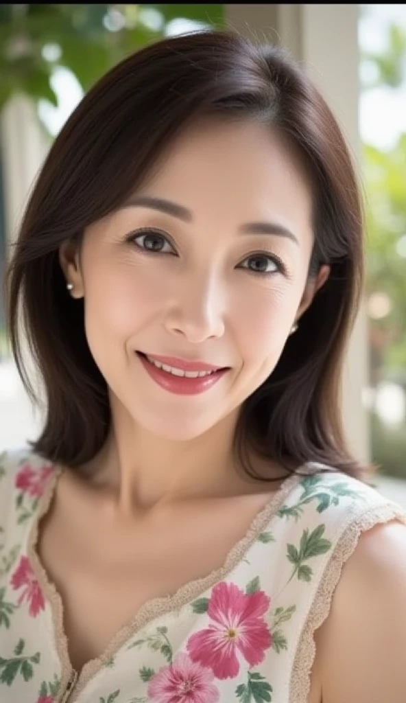 (Bun low ponytail hairstyle)(Very light caramel brown hair)(Mature Japanese Woman)Look at everyone with a refreshing and loving smile) (Men are captivated by her charms)
(8K highest quality)、(High resolution)、(Ultra-detailed photos)、(Ultra-realistic texture)、(Illuminated subject)(8k images)(Clear Photography)(Real Photo)
(40 year old beautiful mature woman)(Elegant and well-proportioned face)(Long face)(Long and narrow face)(Thick lips)(Thin tree, small nose)(Long jaw)(tall)(slender)(Big Breasts)
(Pale pink top)(A neat, chic and elegant floral skirt) ( (She is outdoors)(She poses elegantly and cutely in various locations.
