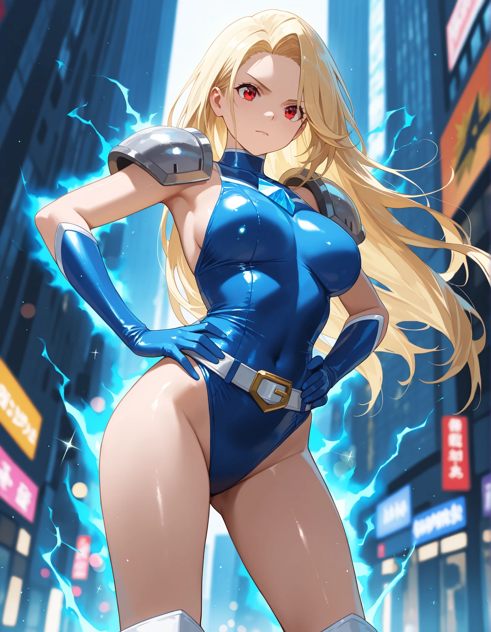 ultra-detailed, Explicit, Beautiful body, Beautiful Nose, Beautiful character design, perfect eyes, perfect face, ultra highres, 4K, beautiful legs, perfect legs, Nice hands, Perfect hand, Masterpiece, Best Quality, Highly detailed, illustration, absurdres, perfect anatomy, street fighter, doll suit, shadaloo doll, dollsuit, expressionless, blank eyes, looking at viewer, red gloves, emotionless, black latex, corrution, mind control, female combatant, full body, hypnotized, unhappy trance, full body suit, ribbed bodysuit, both arms at side, obey, perfect female body, extremely glossy latex, hypnosis, hypnoLora, empty eyes, Mind control device, poses, submissive_pose, Slave, hat, necktie, stand up straight, standing, standing at attention, hat, necktie, belt, latex, ribbed bodysuit, thighhighs, garter belt, Fighting Stance, extending the right arm from the shoulder into the air with a straightened hand, military, thigh boots, 1girl, Solo, Leia, Ikusa Otome Valkyrie, long hair, blonde hair, red eyes, hair ornaments, valkyrie