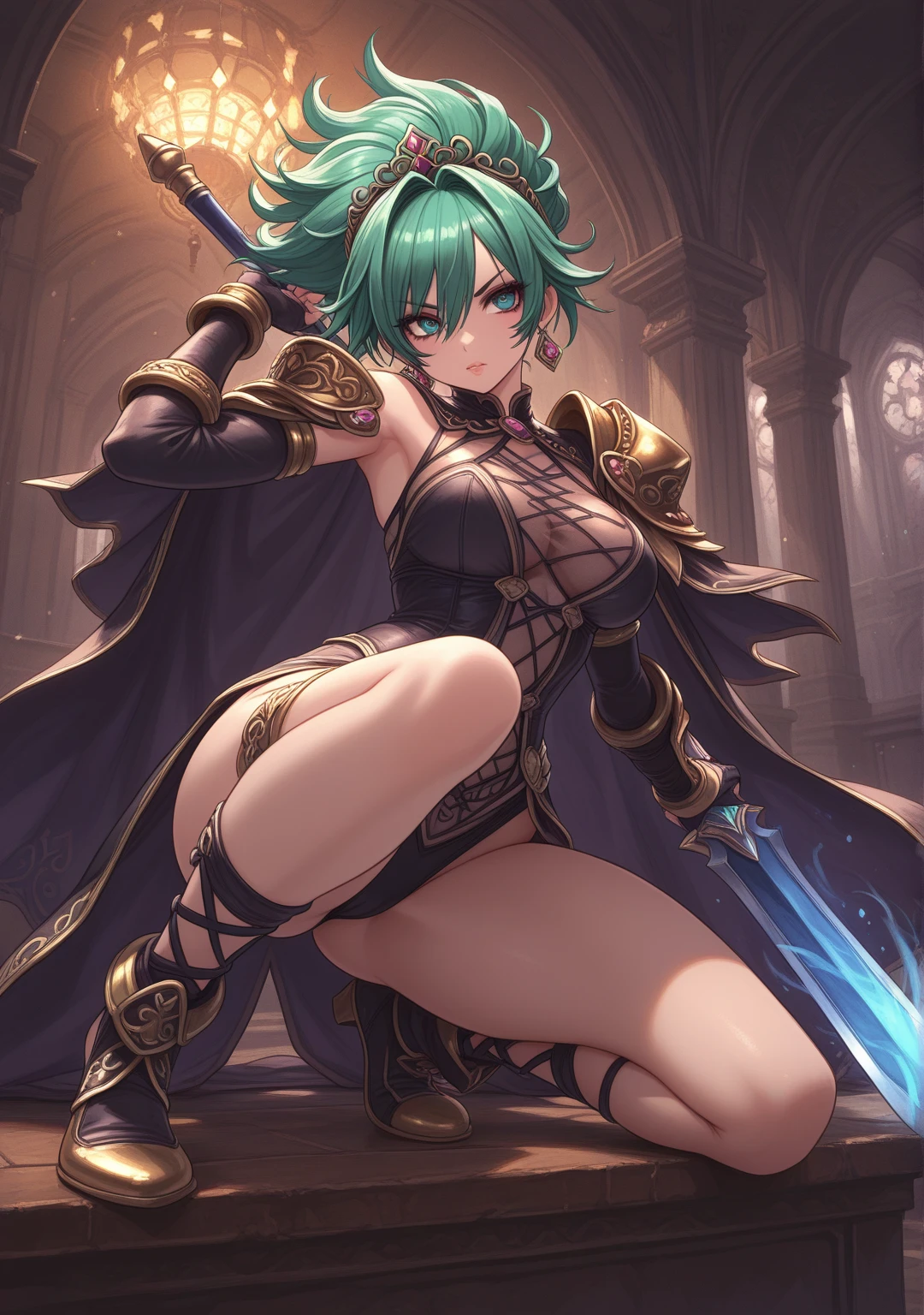 1woman, wearing black witch outfit with golden bands, extremely tight and erotic clothing, absurdly giant breasts, green hair, mohawk hair, extremely short hair, hair with bangs in front of the eyes, black witch hat on the head, looking at the viewer, (((?????? pose interacting and leaning on something))), in an ancient castle with large pillars,  furniture, figurines, window showing the forest at night with a beautiful full moon at the top right, ((full body):1.5), ((Halloween party)), 16k, UHD, best possible quality, ((ultra detailed):1), best possible resolution, Unreal Engine 5, professional photography, perfect_hands