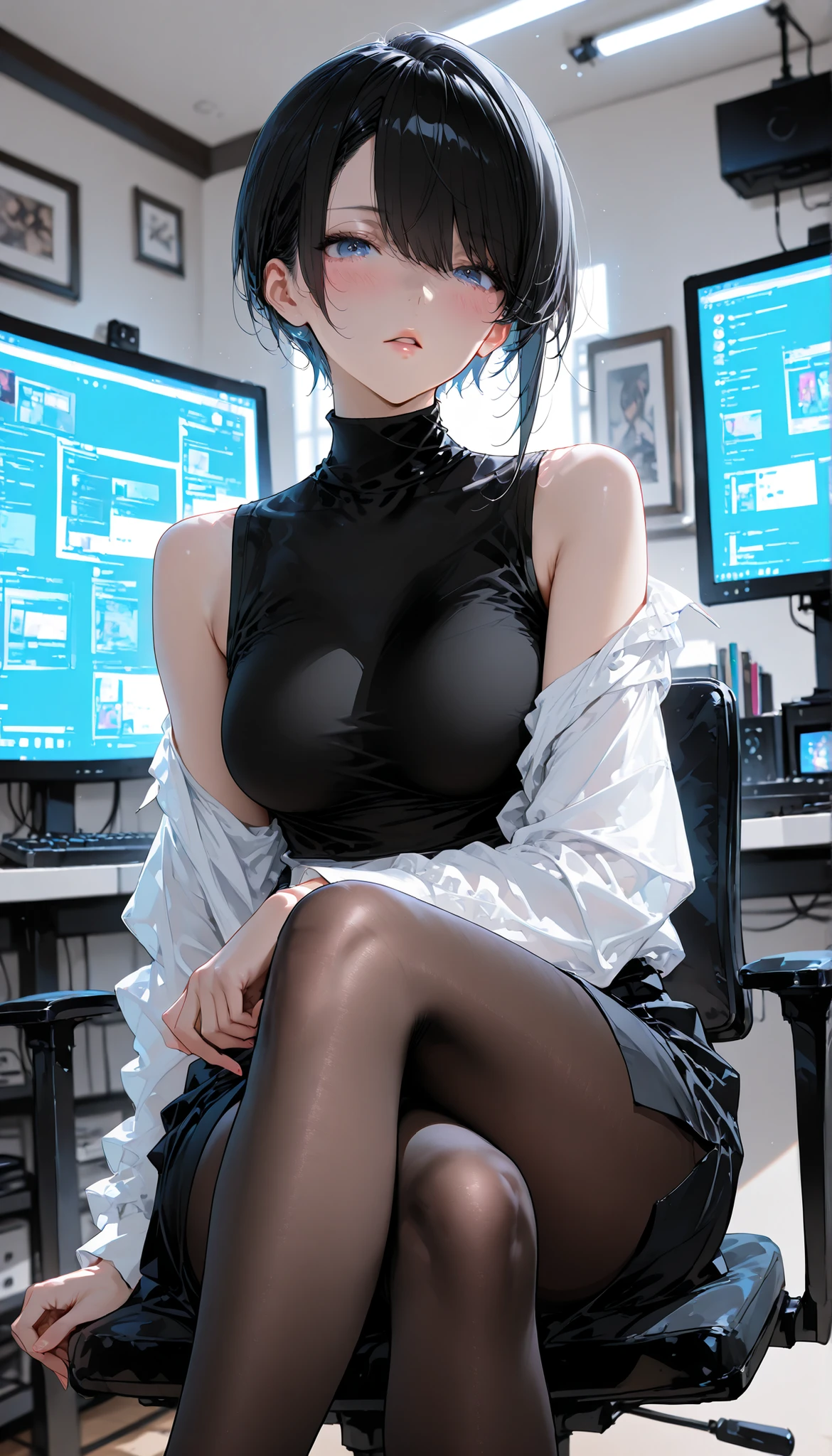 absurdres, RAW photo, extremely delicate and beautiful, masterpiece, Best Quality, ultra high resolution, 32k, hyperrealistic, ultra-detailed, ((perfect ???????)), super Detailed skin, perfect figure, Very detailed CG 8k wallpaper, in her 20s, very Slim body, narrow waist, very small head, very small face, delicate facial features, tearful mole, earring, thin legs, medium breasts, whole body shot, shorter middle hair, wavy hair, ((office lady suit)), blouse, blazer, skirt, ((in office)),