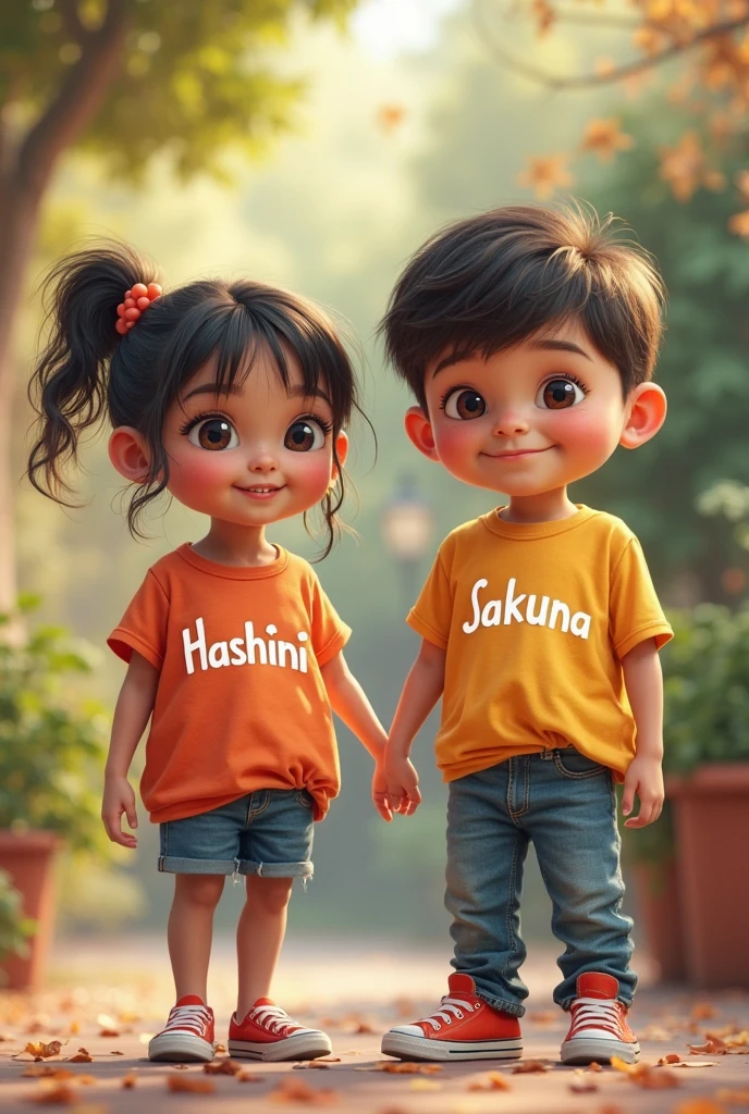 A boy wear a tshirt with name ujjwal stand with a girl wear a tshirt name anshika