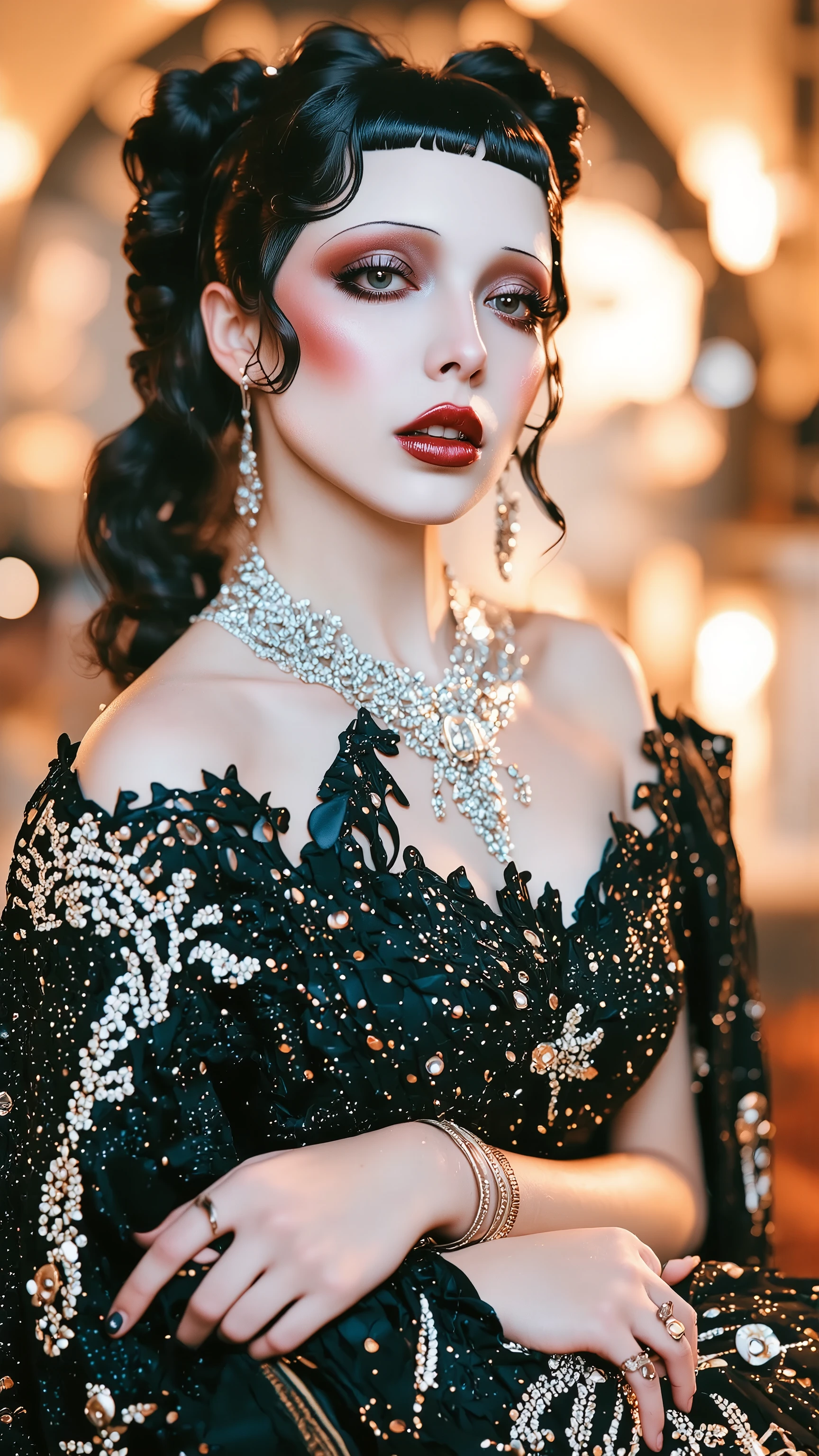 a 1920s era photograph of a female model in the style of ERA1920,burlesque,full body shot,fashion portrait,make up,sexy,beautiful face,dramatic lighting,theme color:black and red,