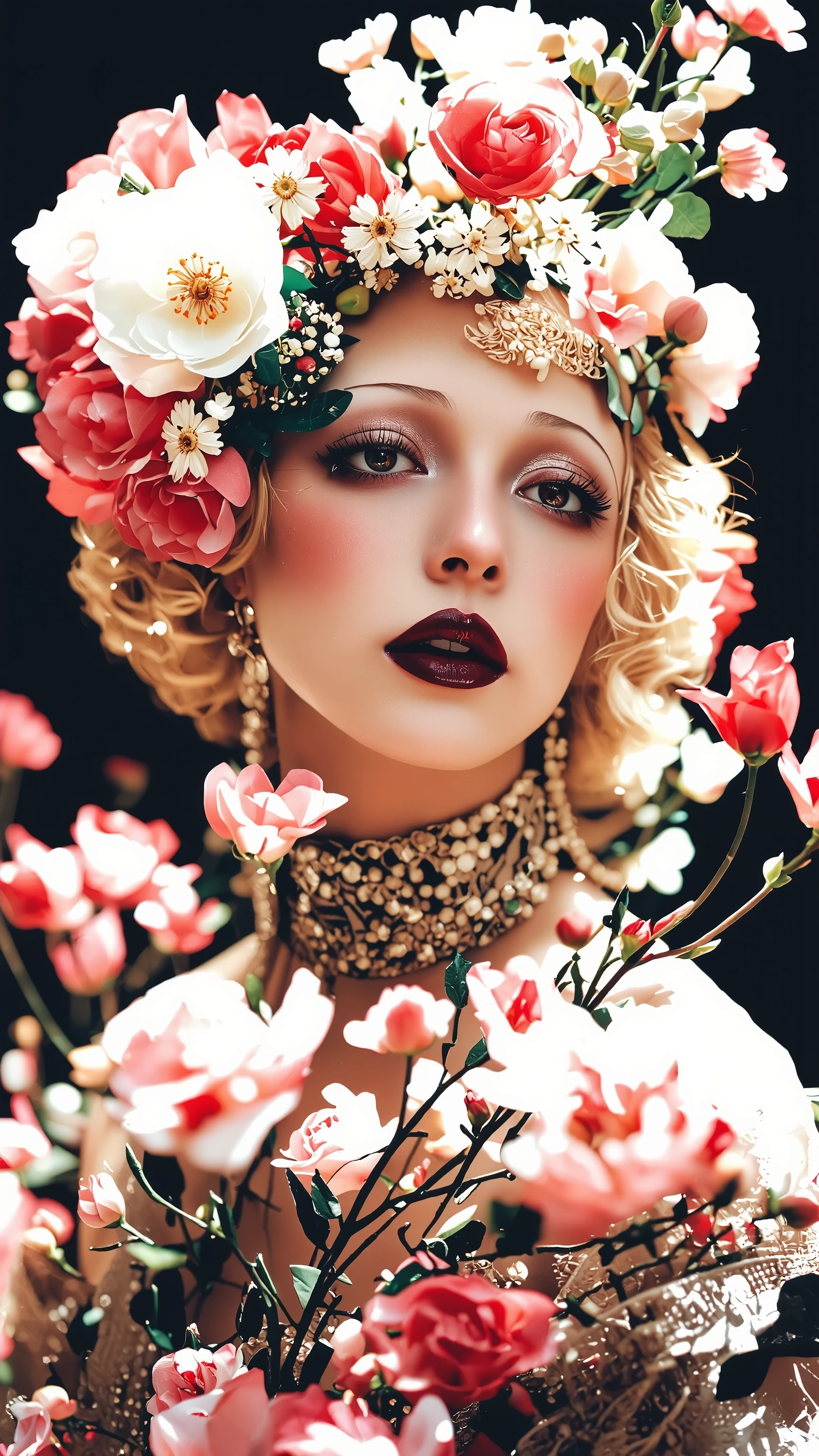 a 1920s era photograph of a female model in the style of ERA1920,burlesque,full body shot,fashion portrait,make up,sexy,beautiful face,dramatic lighting,theme color:black and red,