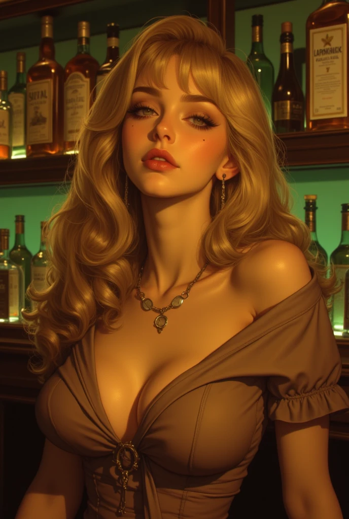 girl at a nightclub sitting at bar, eyeliner (masterpiece) (best quality) (detailed) (8k) (HDR) (wallpaper) (cinematic lighting) (sharp focus) (intricate) wavy blonde hair, biting lip, medium hair, slutty outfit, sexy, blush, aroused, cleavage, shiny , wet skin, girl, dark makeup, acting flirty, tucking hair behind ear