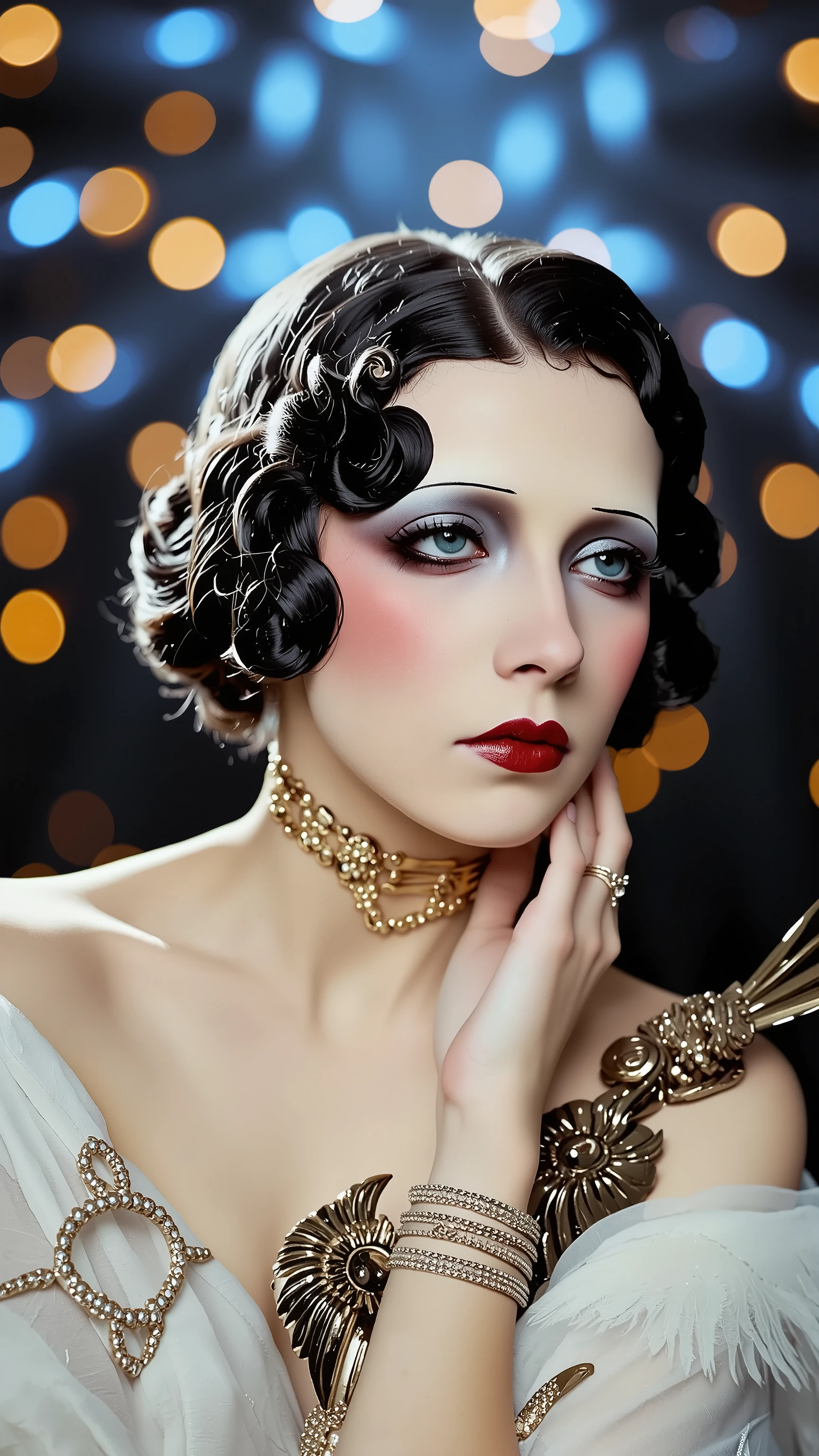 a 1920s era photograph of a female model in the style of ERA1920,burlesque,full body shot,fashion portrait,make up,sexy,beautiful face,dramatic lighting,Depressive Black